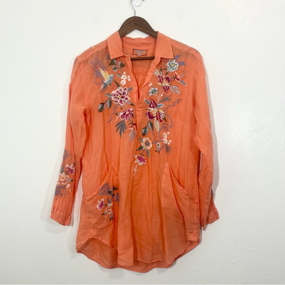 Johnny Was Miro Henley Popover Tunic Orange Embroidered Top Blouse Size M - Picture 3 of 11